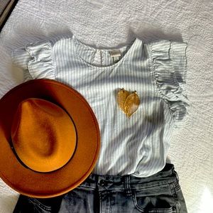 Pale blue and white striped puff sleeve top size L